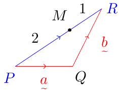 Vector(P(0,0)Q(2,0)R(3,2),PMtoMR,2to1,PQ-a,QR-b,red(a),red(b),blue(PR)).png