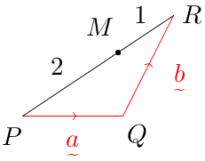 Vector(P(0,0)Q(2,0)R(3,2),PMtoMR,2to1,PQ-a,QR-b,red(a),red(b)).png