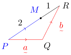 Vector(P(0,0)Q(2,0)R(3,2),PMtoMR,2to1,PQ-a,QR-b,red(a),red(b),blue(PM)).png