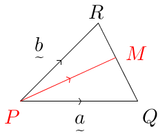 Vector(P(0,0)Q(3,0)R(2,2),RMtoMQ,2to3(not),PQ-a,PR-b,red(PM)).png
