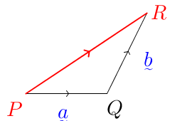 Vector(P(0,0)Q(2,0)R(3,2)PQ-blue(a),QR-blue(b),red(PR)).png