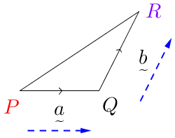 Vector(red(P(0,0))Q(2,0)purple(R(3,2))PQ-a,QR-b,bluedotted(PQ),bludotted(QR)).png