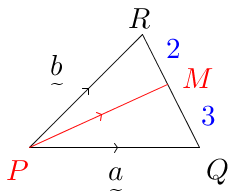 Vector(P(0,0)Q(3,0)R(2,2),RMtoMQ,2to3(not),PQ-a,PR-b,red(PM),blue(2to3)).png