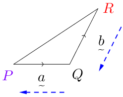 Vector(purple(P(0,0))Q(2,0)red(R(3,2))PQ-a,QR-b,bluedotted(RQ),bludotted(QP)).png